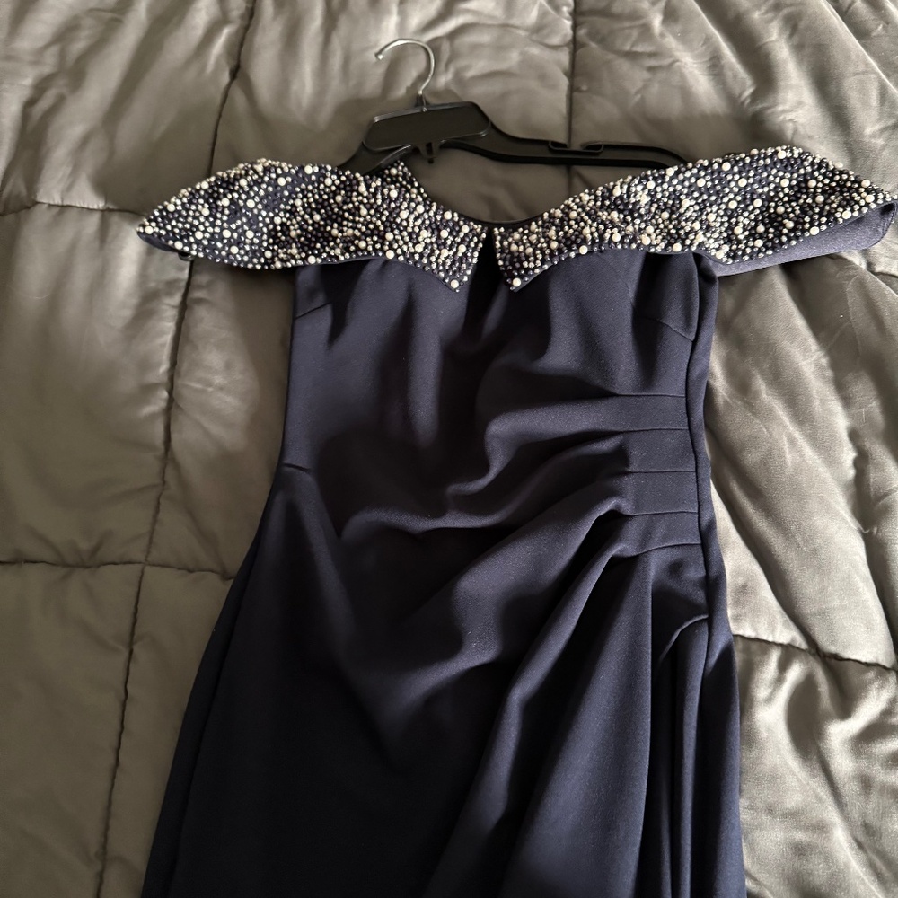 Betsy & Adam Petite Beaded off the shoulder gown